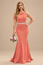 Rutipo Papaya Sheath/Column Asymmetrical Sleeveless Sweep Train Bridesmaid Dresses