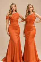 Rutipo Burnt Orange Asymmetrical Sleeveless Sweep Train Satin Bridesmaid Dresses