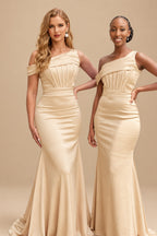 Rutipo Champagne Asymmetrical Sleeveless Sweep Train Satin Bridesmaid Dresses