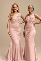 Rutipo Dusty Rose Asymmetrical Sleeveless Sweep Train Satin Bridesmaid Dresses