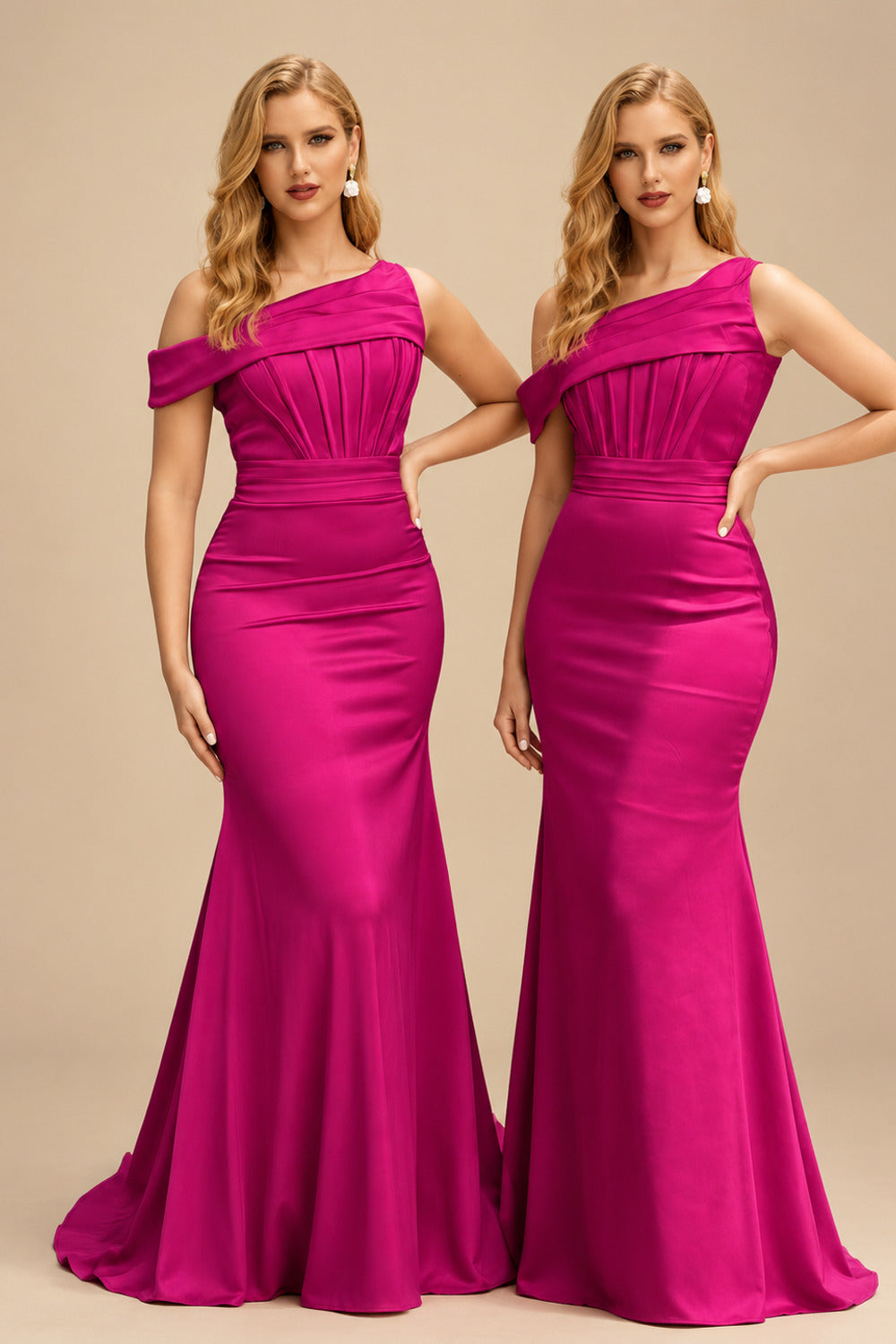 Rutipo Fuchsia Asymmetrical Sleeveless Sweep Train Satin Bridesmaid Dresses