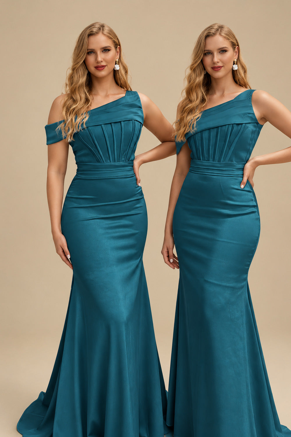 Rutipo Ink Blue Asymmetrical Sleeveless Sweep Train Satin Bridesmaid Dresses