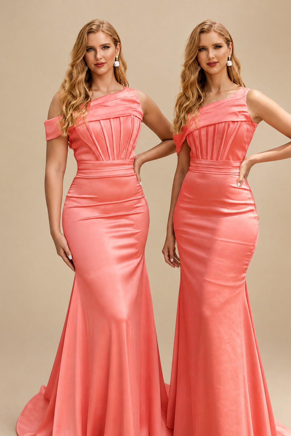 Rutipo Watermelon Asymmetrical Sleeveless Sweep Train Satin Bridesmaid Dresses