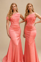 Rutipo Watermelon Asymmetrical Sleeveless Sweep Train Satin Bridesmaid Dresses