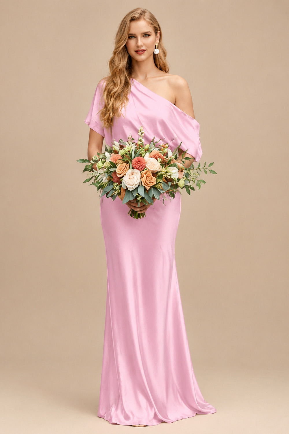 Rutipo Candy Pink Sheath/Column Asymmetrical Sleeveless Floor-Length Bridesmaid Dresses