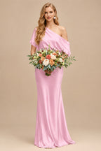Rutipo Candy Pink Sheath/Column Asymmetrical Sleeveless Floor-Length Bridesmaid Dresses