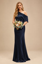 Rutipo Dark Navy Sheath/Column Asymmetrical Sleeveless Floor-Length Bridesmaid Dresses