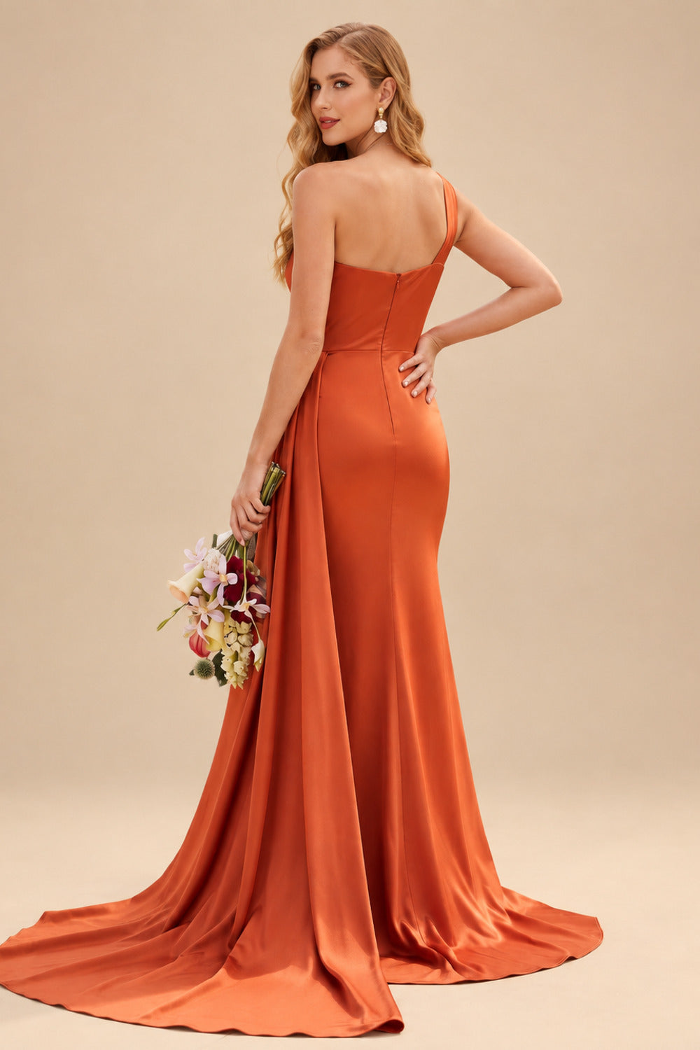 Rutipo Burnt Orange Sheath/Column One-Shoulder Sleeveless Silk Like Satin Bridesmaid Dresses