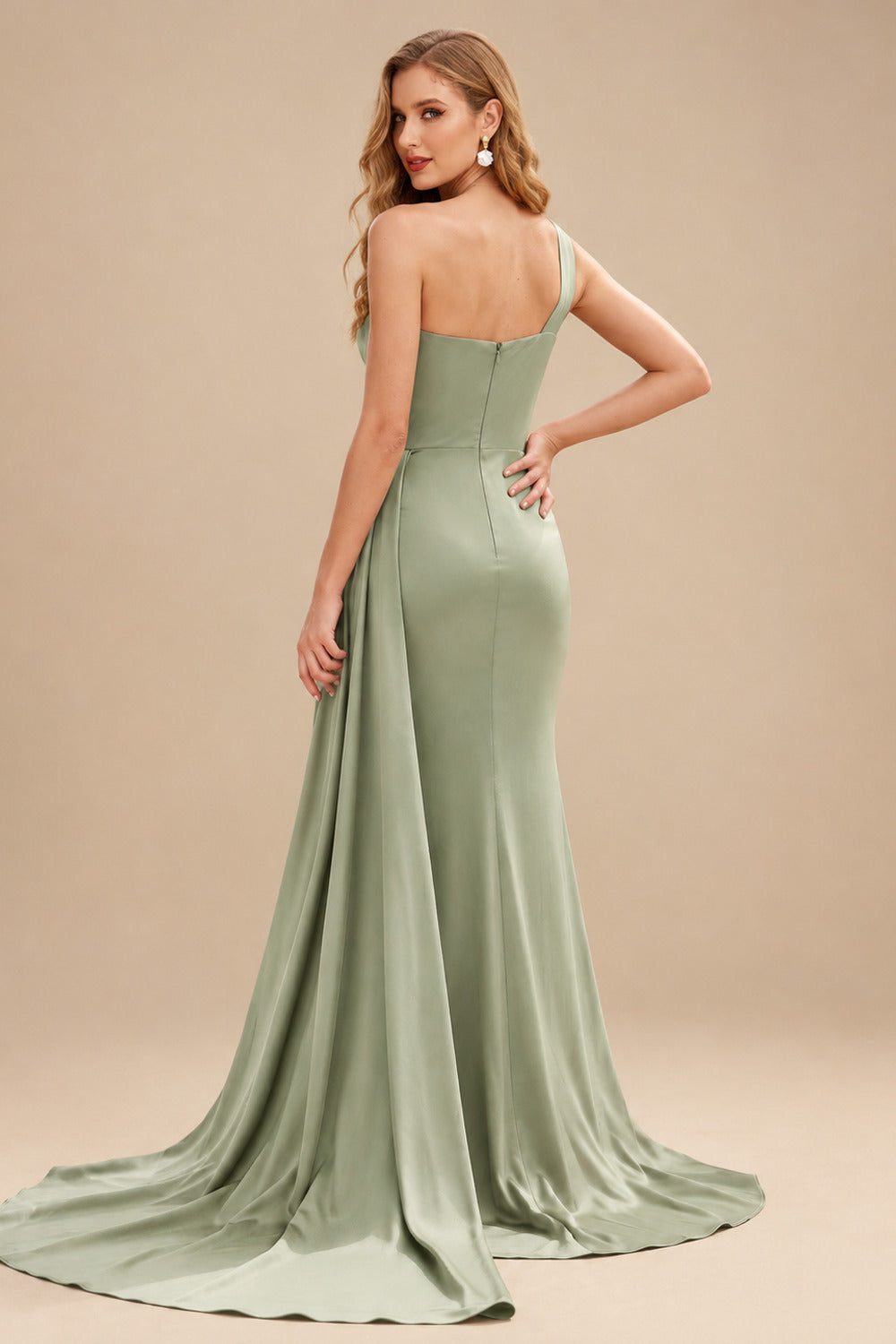 Rutipo Celadon Sheath/Column One-Shoulder Sleeveless Silk Like Satin Bridesmaid Dresses