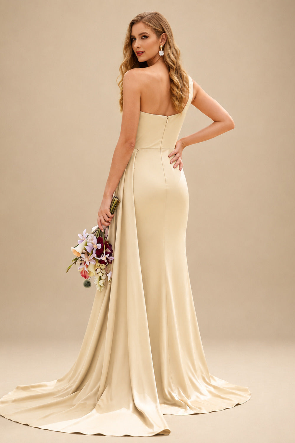 Rutipo Champagne Sheath/Column One-Shoulder Sleeveless Silk Like Satin Bridesmaid Dresses