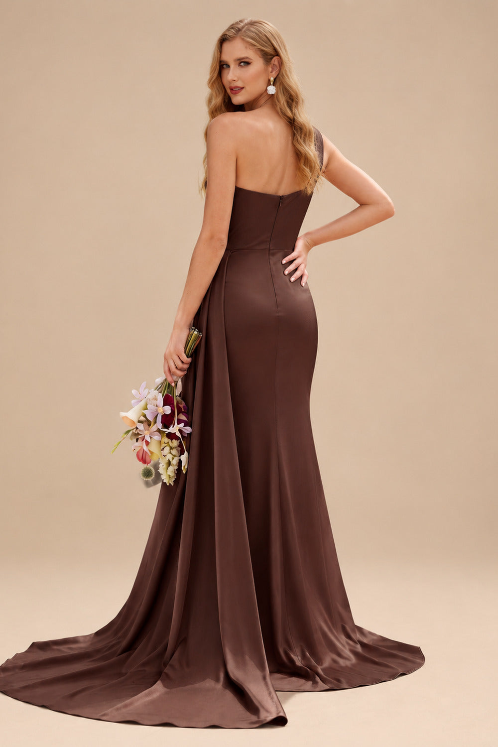 Rutipo Chocolate Sheath/Column One-Shoulder Sleeveless Silk Like Satin Bridesmaid Dresses