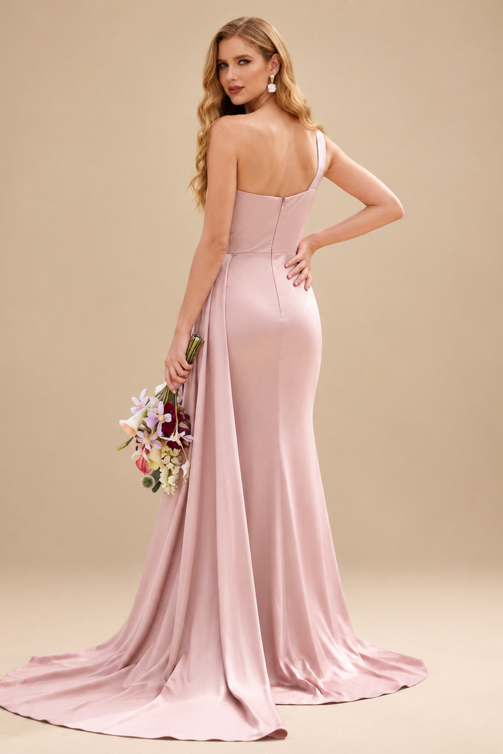 Rutipo Dusty Rose Sheath/Column One-Shoulder Sleeveless Silk Like Satin Bridesmaid Dresses