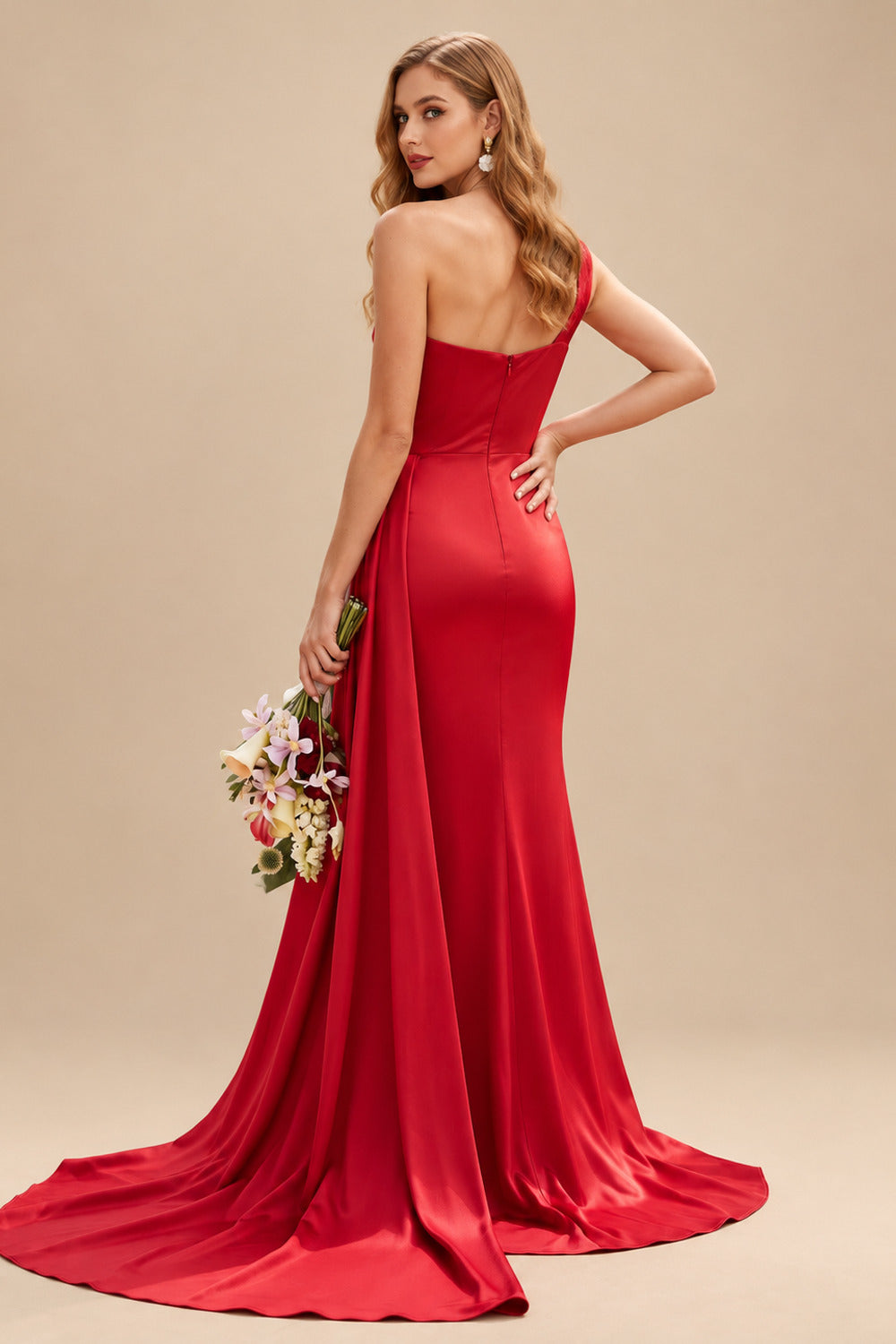 Rutipo Red Sheath/Column One-Shoulder Sleeveless Silk Like Satin Bridesmaid Dresses