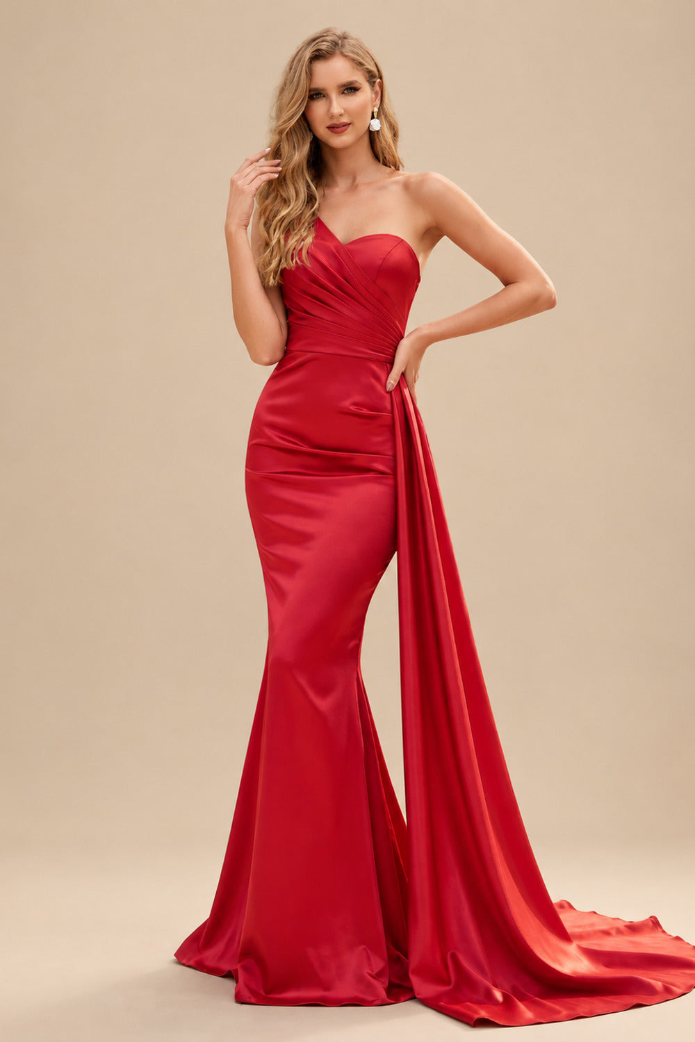Rutipo Red Sheath/Column One-Shoulder Sleeveless Silk Like Satin Bridesmaid Dresses