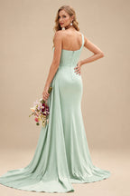 Rutipo Sage Green Sheath/Column One-Shoulder Sleeveless Silk Like Satin Bridesmaid Dresses
