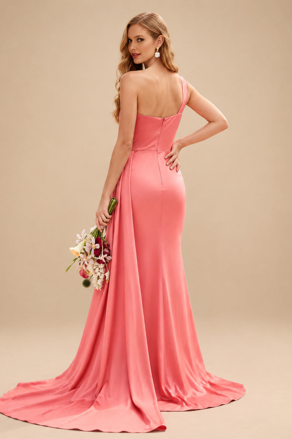 Rutipo Watermelon Sheath/Column One-Shoulder Sleeveless Silk Like Satin Bridesmaid Dresses