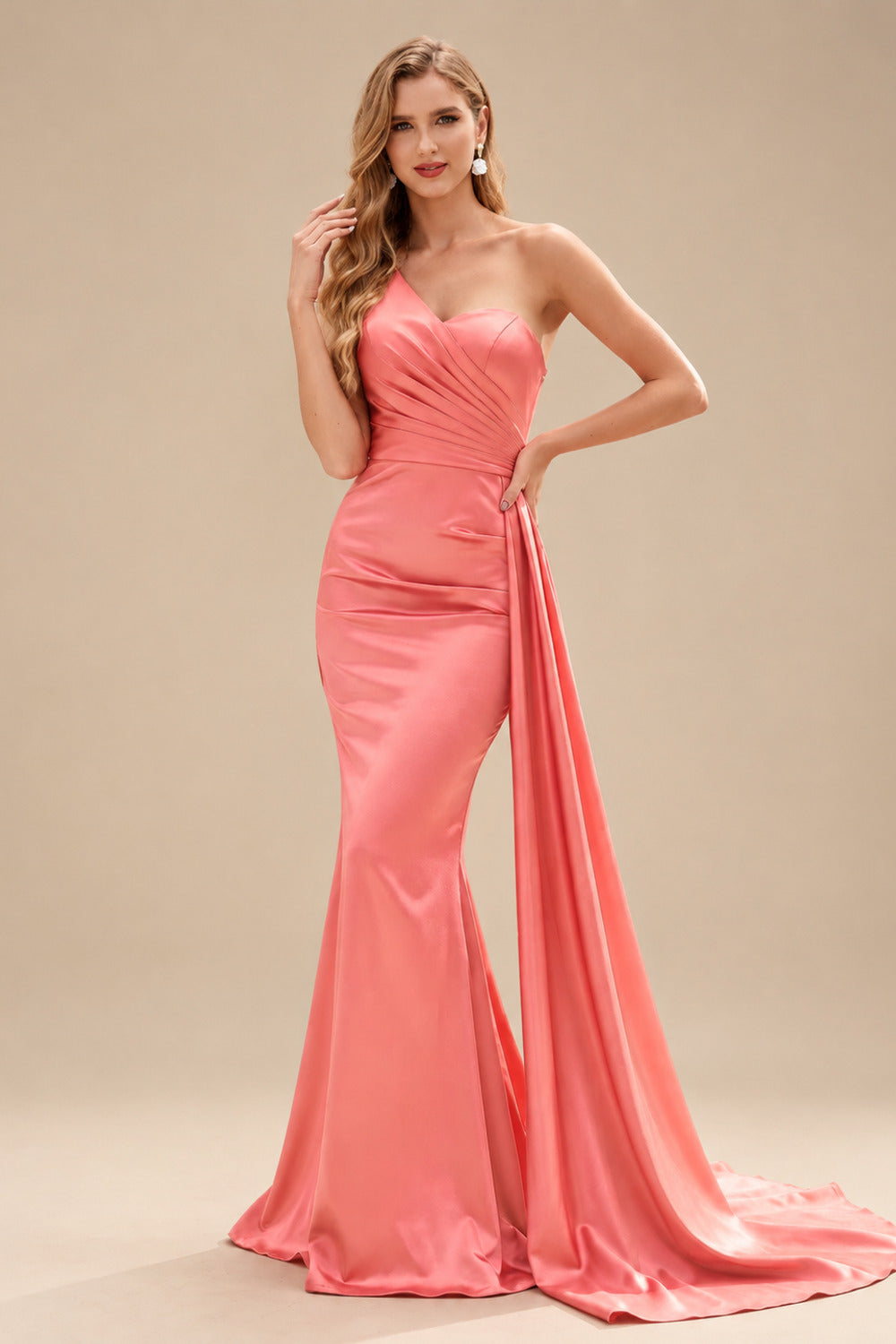 Rutipo Watermelon Sheath/Column One-Shoulder Sleeveless Silk Like Satin Bridesmaid Dresses
