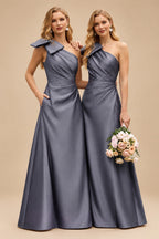 Rutipo Stormy A-Line One-Shoulder Sleeveless Satin Bridesmaid Dresses With Bow(s)/Pockets