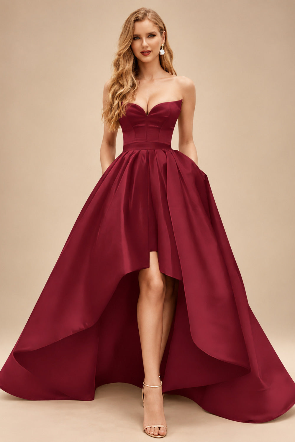 Rutipo Burgundy Ball-Gown/Princess Sleeveless Strapless Satin Asymmetrical Bridesmaid Dresses