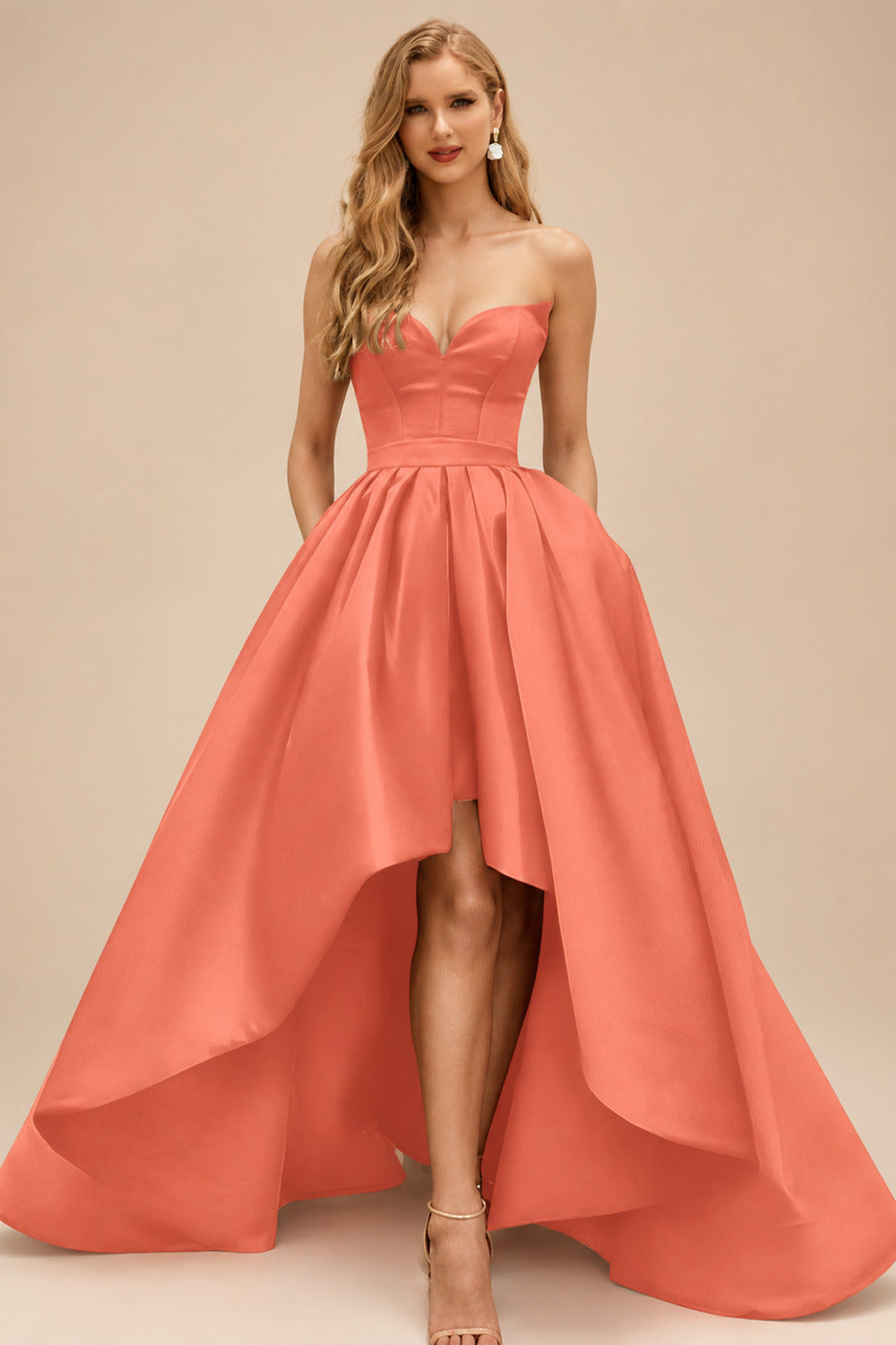 Rutipo Papaya Ball-Gown/Princess Sleeveless Strapless Satin Asymmetrical Bridesmaid Dresses