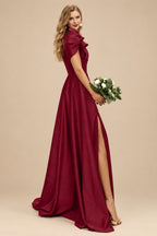 Rutipo Burgundy A-Line One-Shoulder Short Sleeves Sweep Train Satin Bridesmaid Dresses With Ruffle