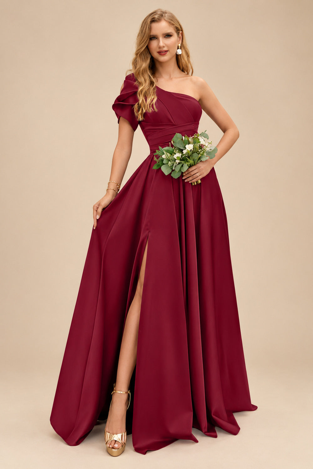 Rutipo Burgundy A-Line One-Shoulder Short Sleeves Sweep Train Satin Bridesmaid Dresses With Ruffle
