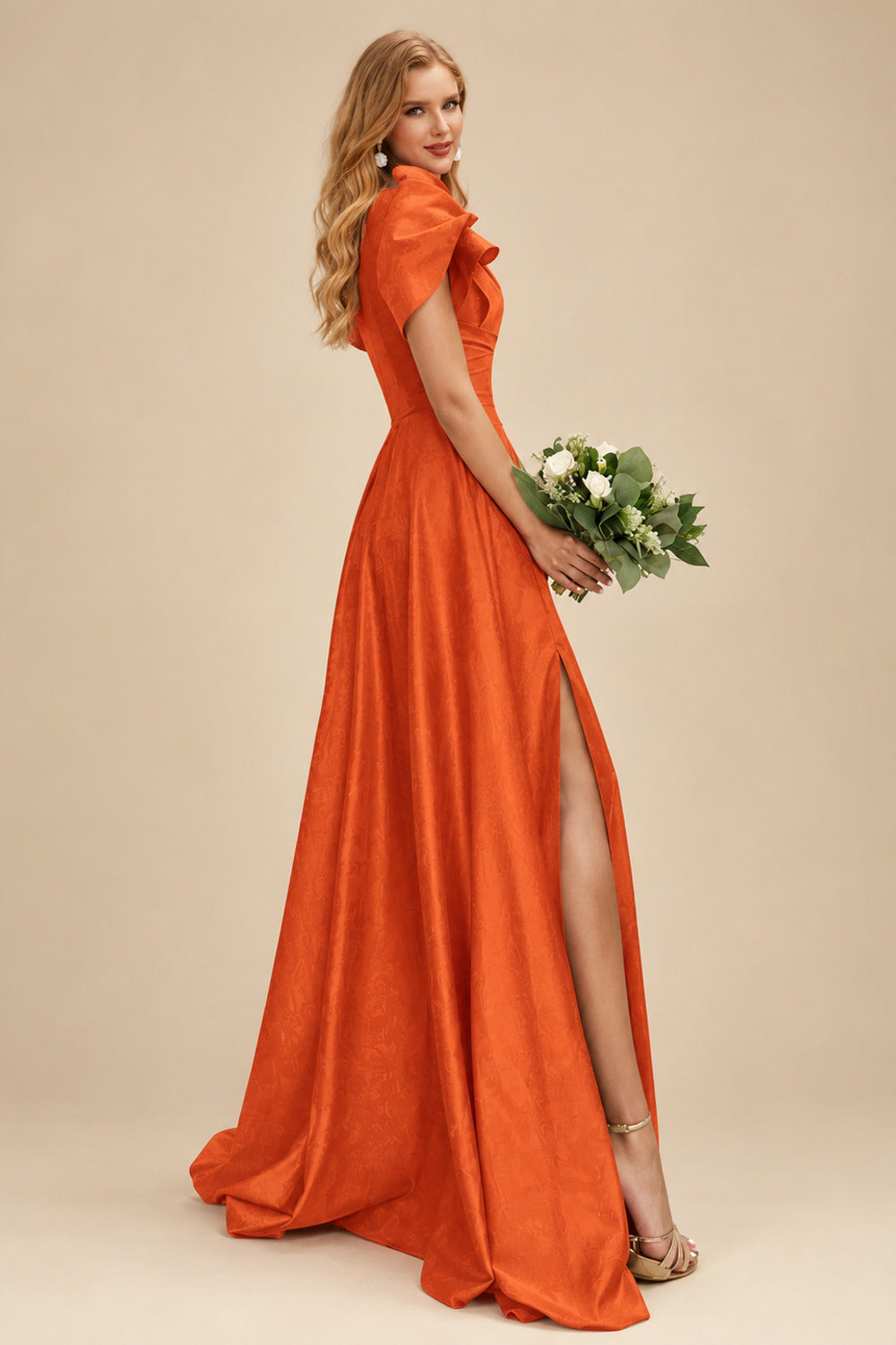 Rutipo Burnt Orange A-Line One-Shoulder Short Sleeves Sweep Train Satin Bridesmaid Dresses With Ruffle