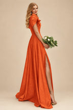 Rutipo Burnt Orange A-Line One-Shoulder Short Sleeves Sweep Train Satin Bridesmaid Dresses With Ruffle