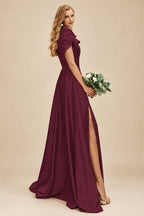 Rutipo Cabernet A-Line One-Shoulder Short Sleeves Sweep Train Satin Bridesmaid Dresses With Ruffle