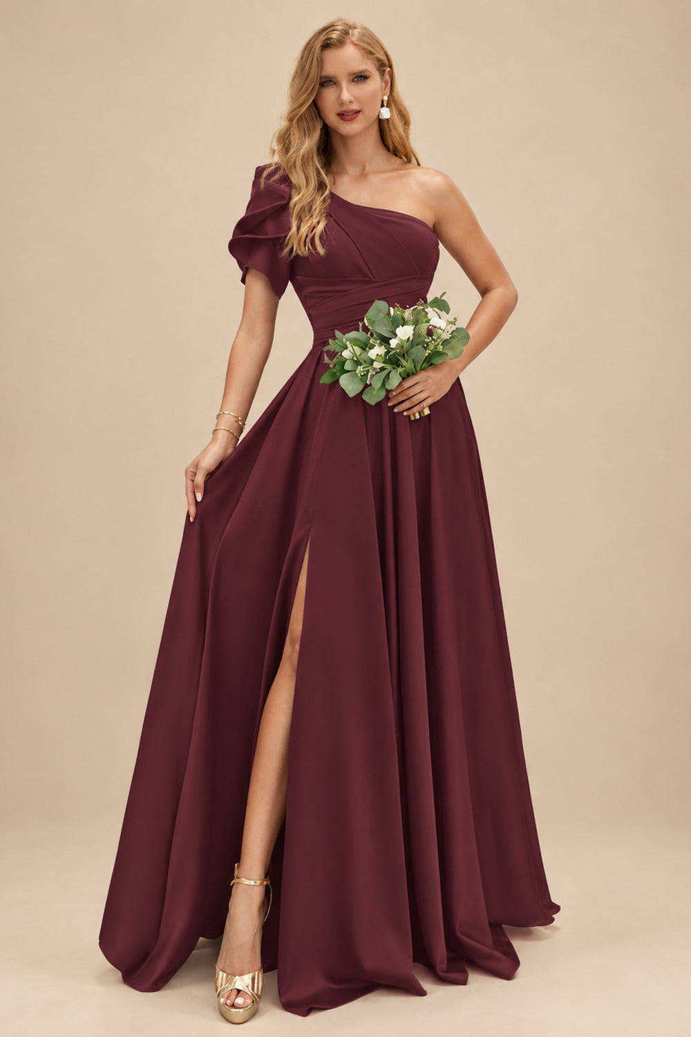 Rutipo Cabernet A-Line One-Shoulder Short Sleeves Sweep Train Satin Bridesmaid Dresses With Ruffle