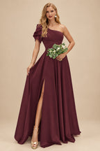 Rutipo Cabernet A-Line One-Shoulder Short Sleeves Sweep Train Satin Bridesmaid Dresses With Ruffle