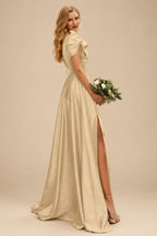 Rutipo Champagne A-Line One-Shoulder Short Sleeves Sweep Train Satin Bridesmaid Dresses With Ruffle