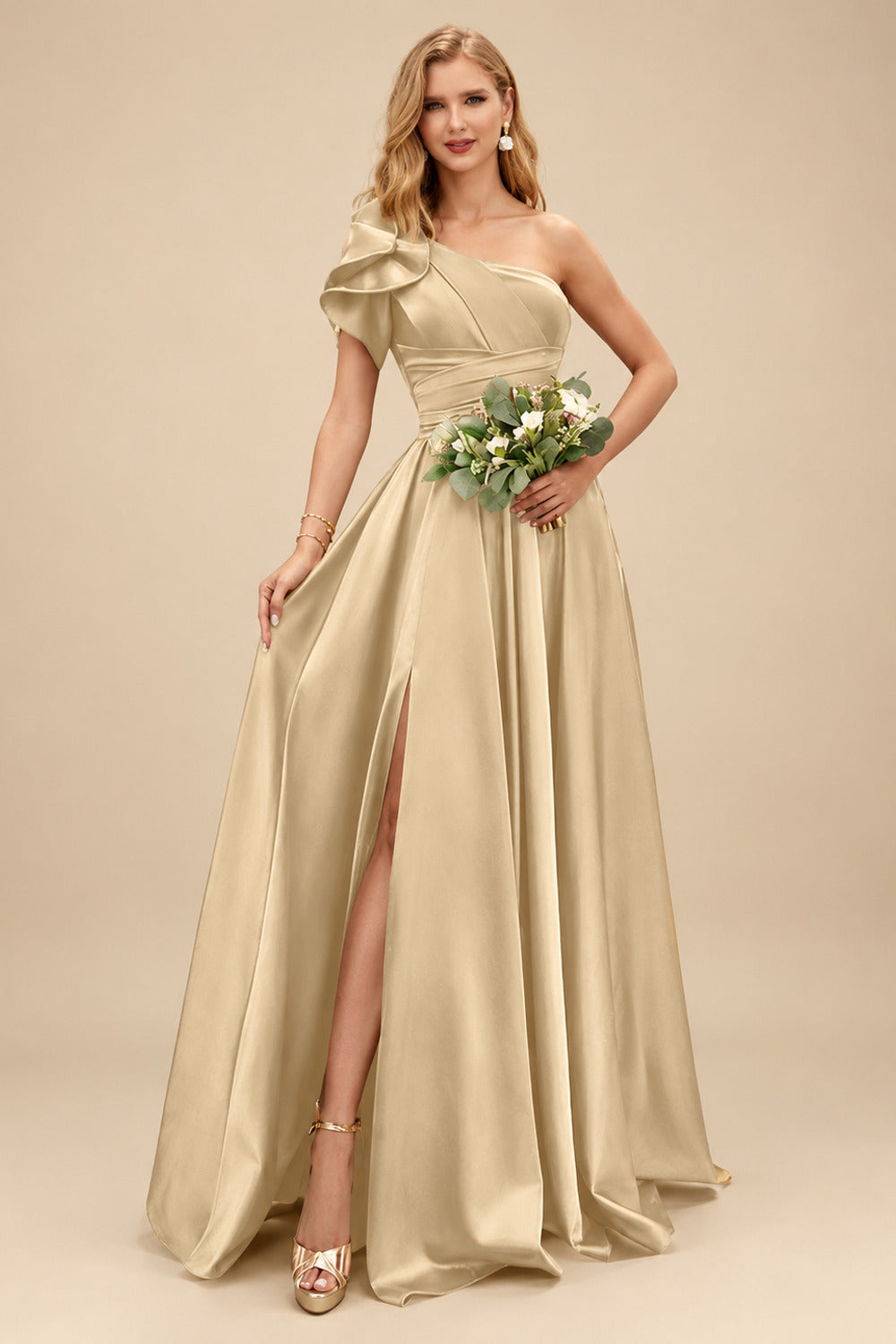 Rutipo Champagne A-Line One-Shoulder Short Sleeves Sweep Train Satin Bridesmaid Dresses With Ruffle