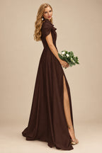 Rutipo Chocolate A-Line One-Shoulder Short Sleeves Sweep Train Satin Bridesmaid Dresses With Ruffle