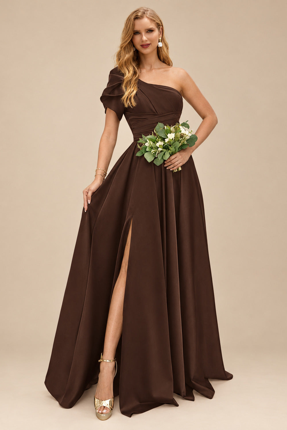 Rutipo Chocolate A-Line One-Shoulder Short Sleeves Sweep Train Satin Bridesmaid Dresses With Ruffle