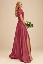 Rutipo Cinnamon Rose A-Line One-Shoulder Short Sleeves Sweep Train Satin Bridesmaid Dresses With Ruffle