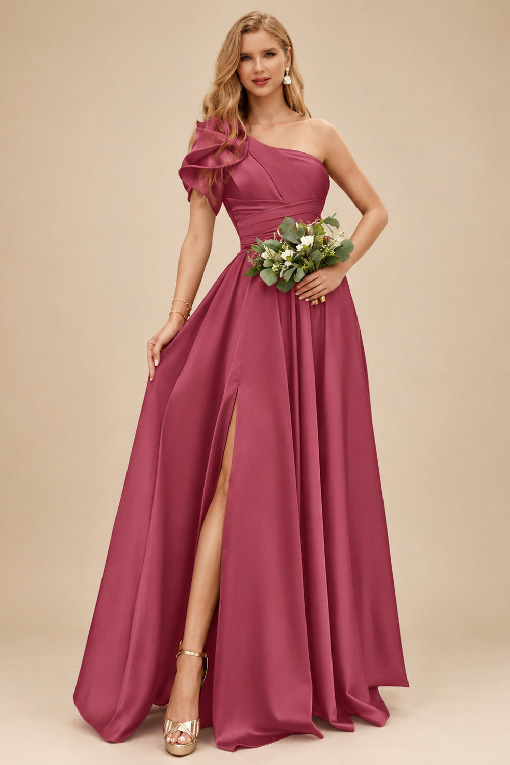 Rutipo Cinnamon Rose A-Line One-Shoulder Short Sleeves Sweep Train Satin Bridesmaid Dresses With Ruffle