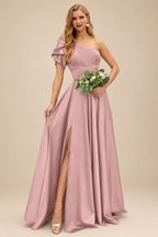 Rutipo Dusty Rose A-Line One-Shoulder Short Sleeves Sweep Train Satin Bridesmaid Dresses With Ruffle