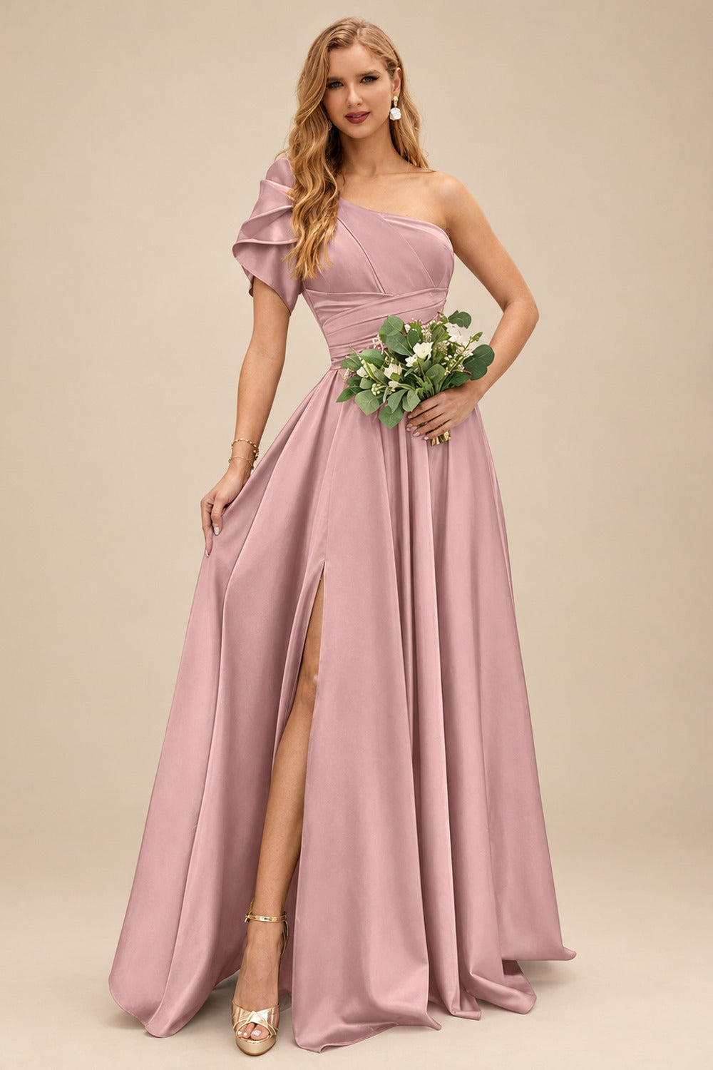 Rutipo Dusty Rose A-Line One-Shoulder Short Sleeves Sweep Train Satin Bridesmaid Dresses With Ruffle