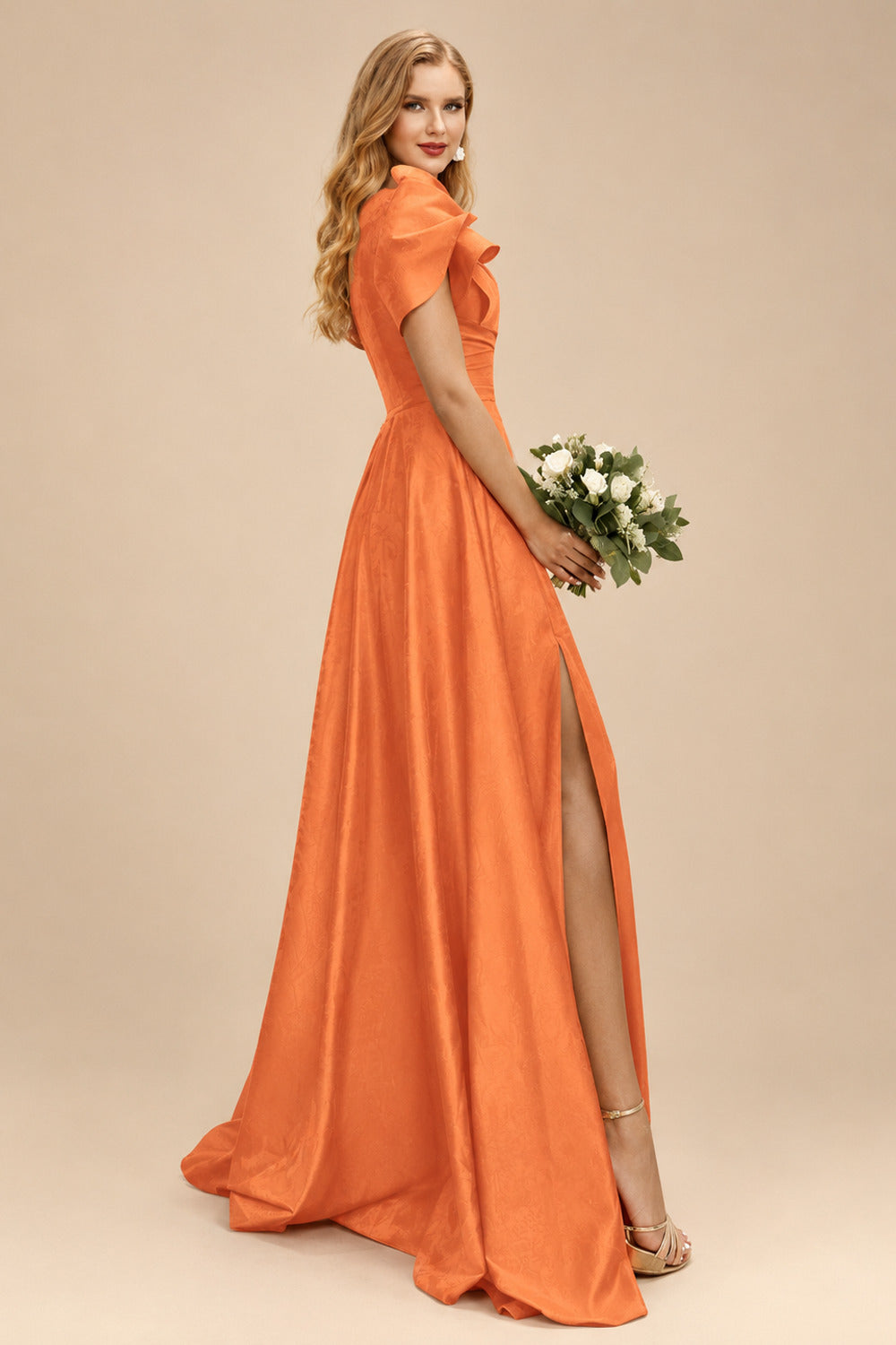 Rutipo Orange A-Line One-Shoulder Short Sleeves Sweep Train Satin Bridesmaid Dresses With Ruffle