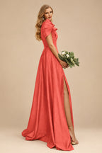 Rutipo Papaya A-Line One-Shoulder Short Sleeves Sweep Train Satin Bridesmaid Dresses With Ruffle
