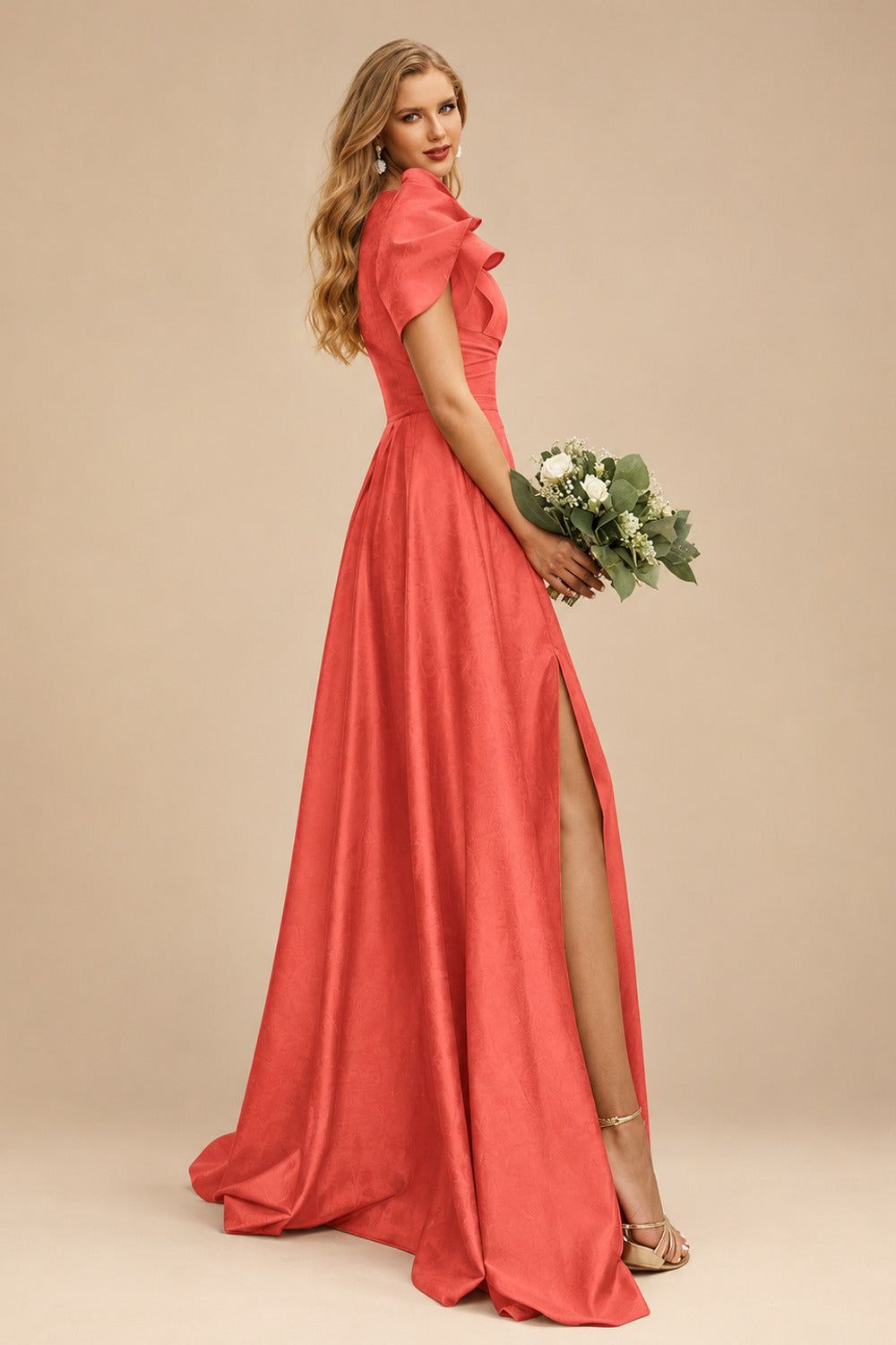 Rutipo Papaya A-Line One-Shoulder Short Sleeves Sweep Train Satin Bridesmaid Dresses With Ruffle