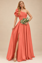 Rutipo Papaya A-Line One-Shoulder Short Sleeves Sweep Train Satin Bridesmaid Dresses With Ruffle