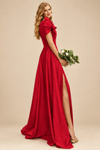 Rutipo Red A-Line One-Shoulder Short Sleeves Sweep Train Satin Bridesmaid Dresses With Ruffle