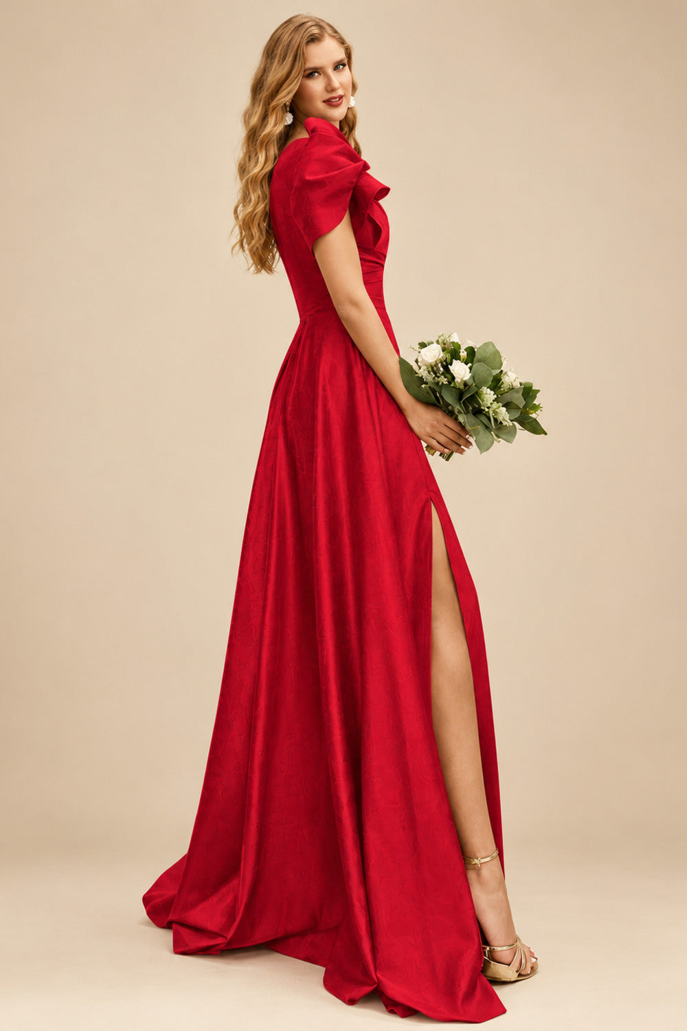 Rutipo Red A-Line One-Shoulder Short Sleeves Sweep Train Satin Bridesmaid Dresses With Ruffle