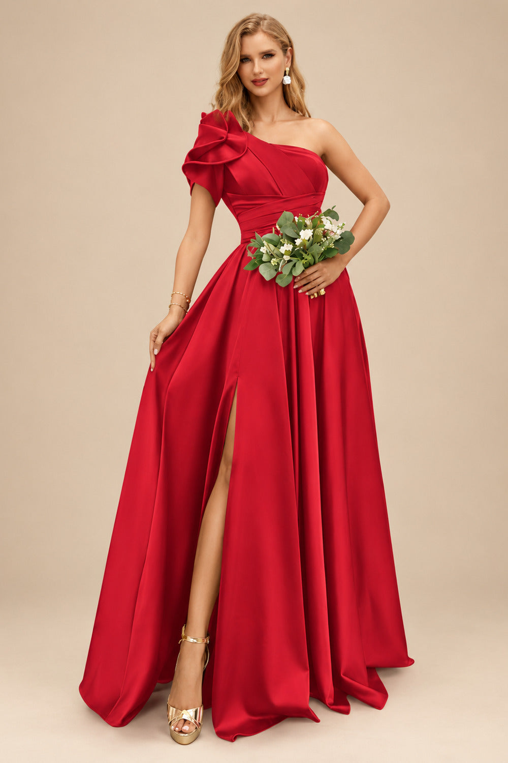 Rutipo Red A-Line One-Shoulder Short Sleeves Sweep Train Satin Bridesmaid Dresses With Ruffle