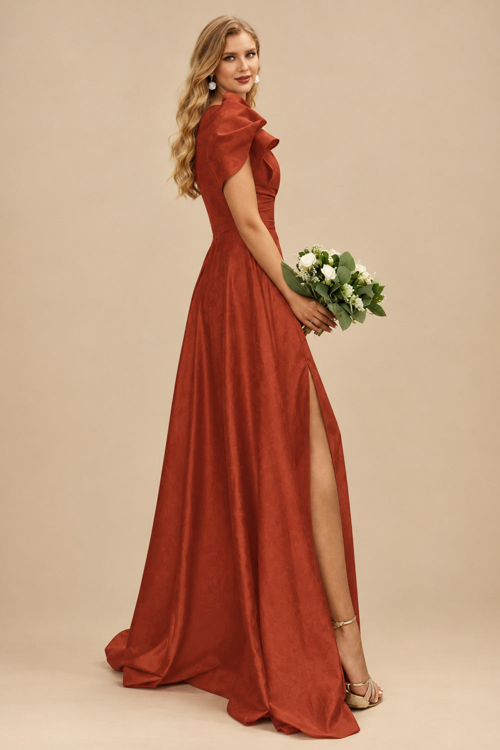 Rutipo Terracotta A-Line One-Shoulder Short Sleeves Sweep Train Satin Bridesmaid Dresses With Ruffle