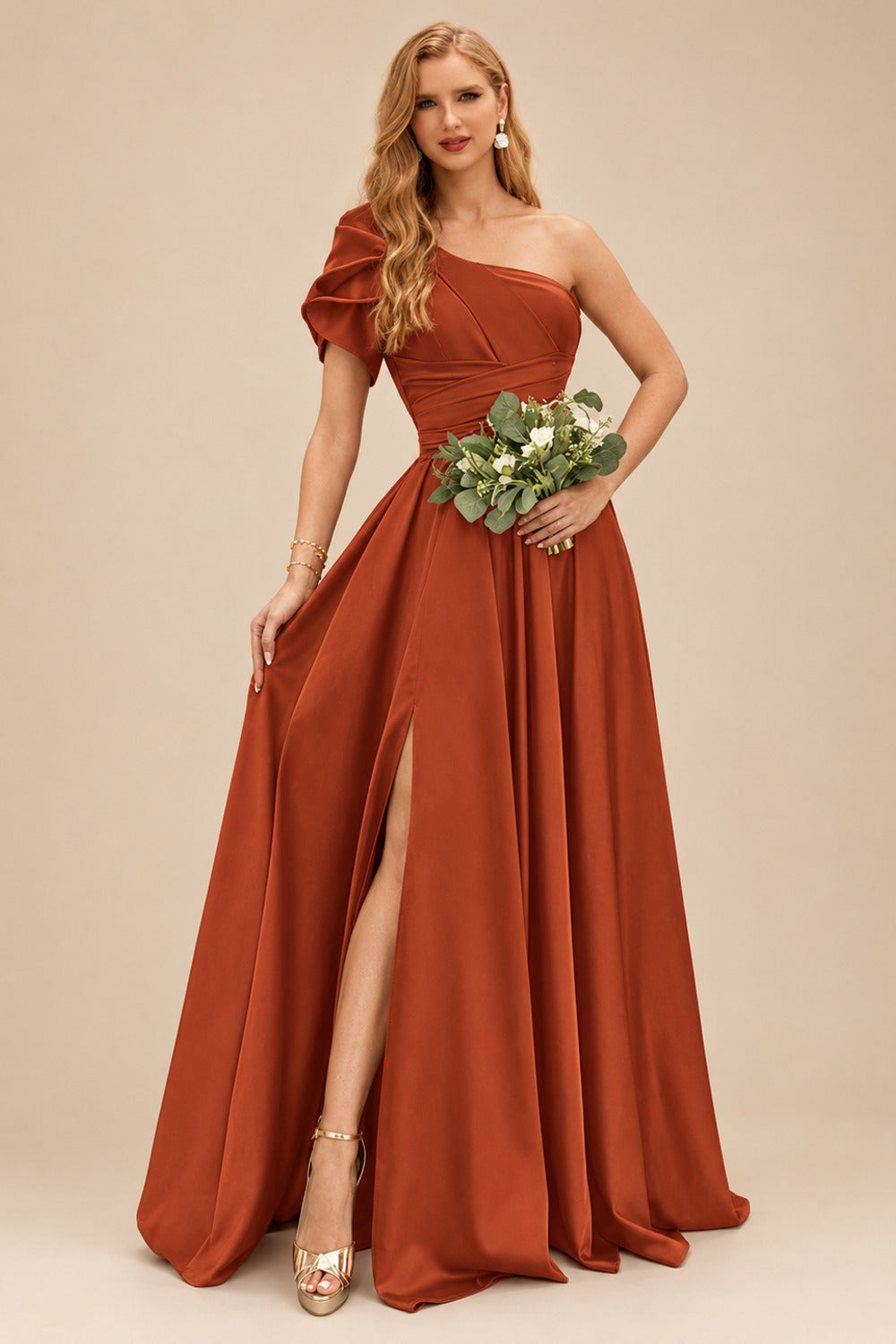 Rutipo Terracotta A-Line One-Shoulder Short Sleeves Sweep Train Satin Bridesmaid Dresses With Ruffle