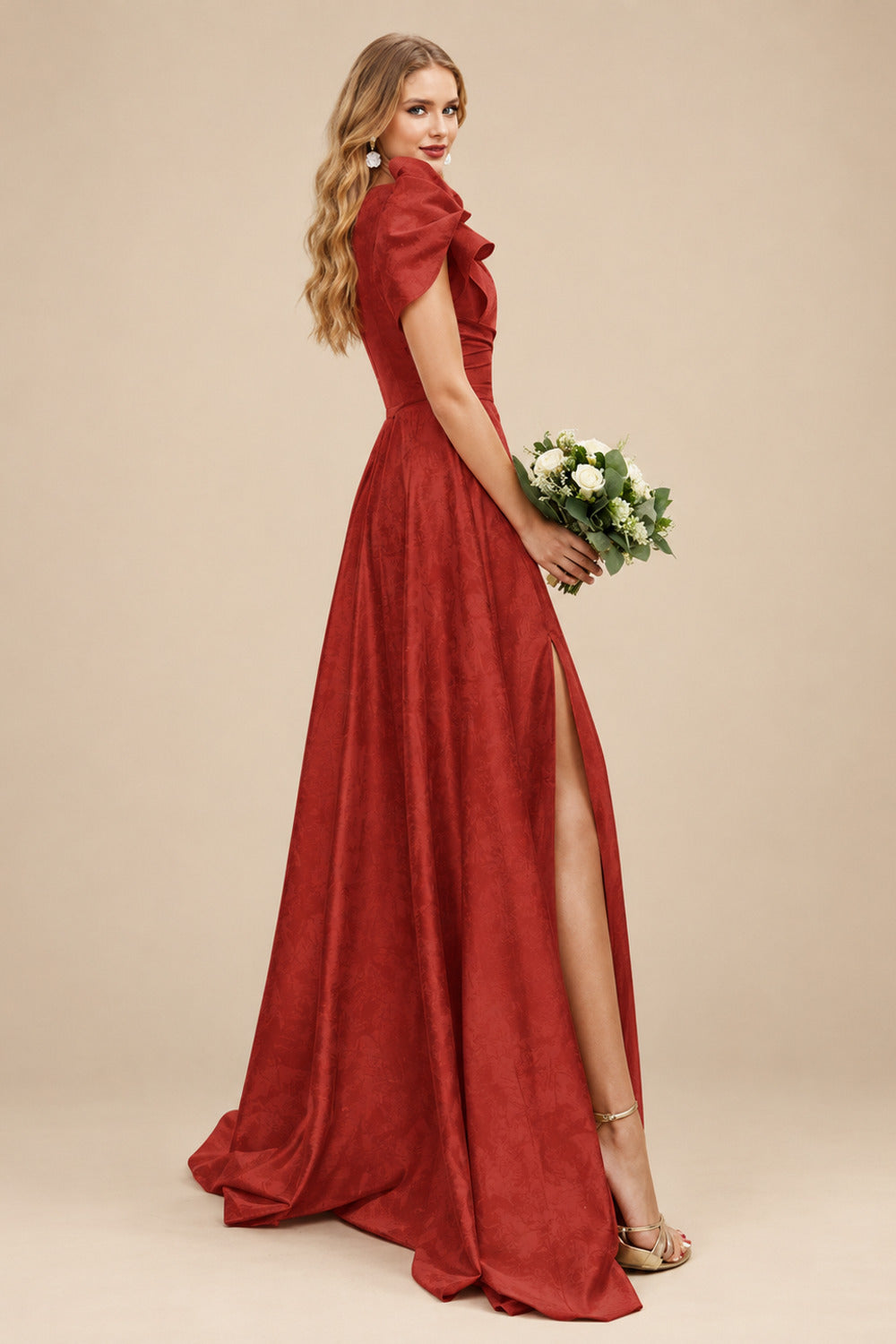 Rutipo Vermilion A-Line One-Shoulder Short Sleeves Sweep Train Satin Bridesmaid Dresses With Ruffle