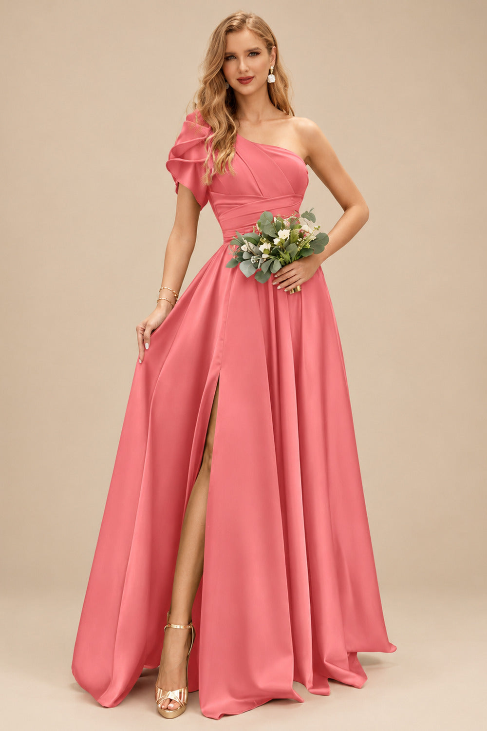 Rutipo Watermelon A-Line One-Shoulder Short Sleeves Sweep Train Satin Bridesmaid Dresses With Ruffle